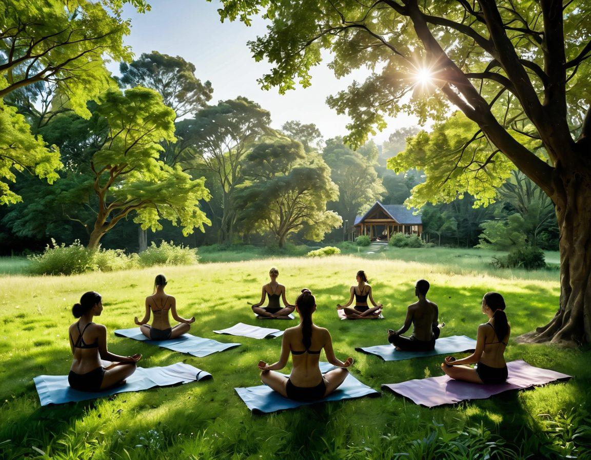 A serene outdoor scene depicting a diverse group of individuals practicing naturism in a lush, green landscape, symbolizing freedom and personal growth. In the foreground, they engage in activities like yoga and meditation, while lush trees and sunlight create a peaceful atmosphere. In the background, subtle elements of smart finance such as open books and financial graphs blend naturally with the environment. The overall feel is harmonious and uplifting, celebrating abundance through nature and knowledge. super-realistic. vibrant colors. peaceful ambiance.